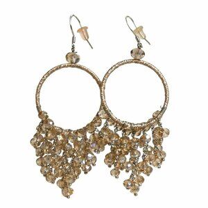 Vintage Gold-Toned Hoop Earrings With Champagne Bead Dangles & Hook Closure